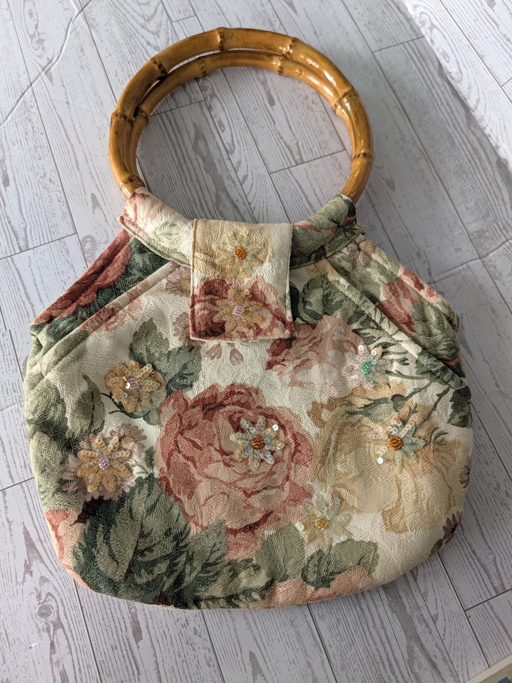 Vintage Handcrafted Floral Tapestry Handbag with Bamboo Handles - Beaded Accent
